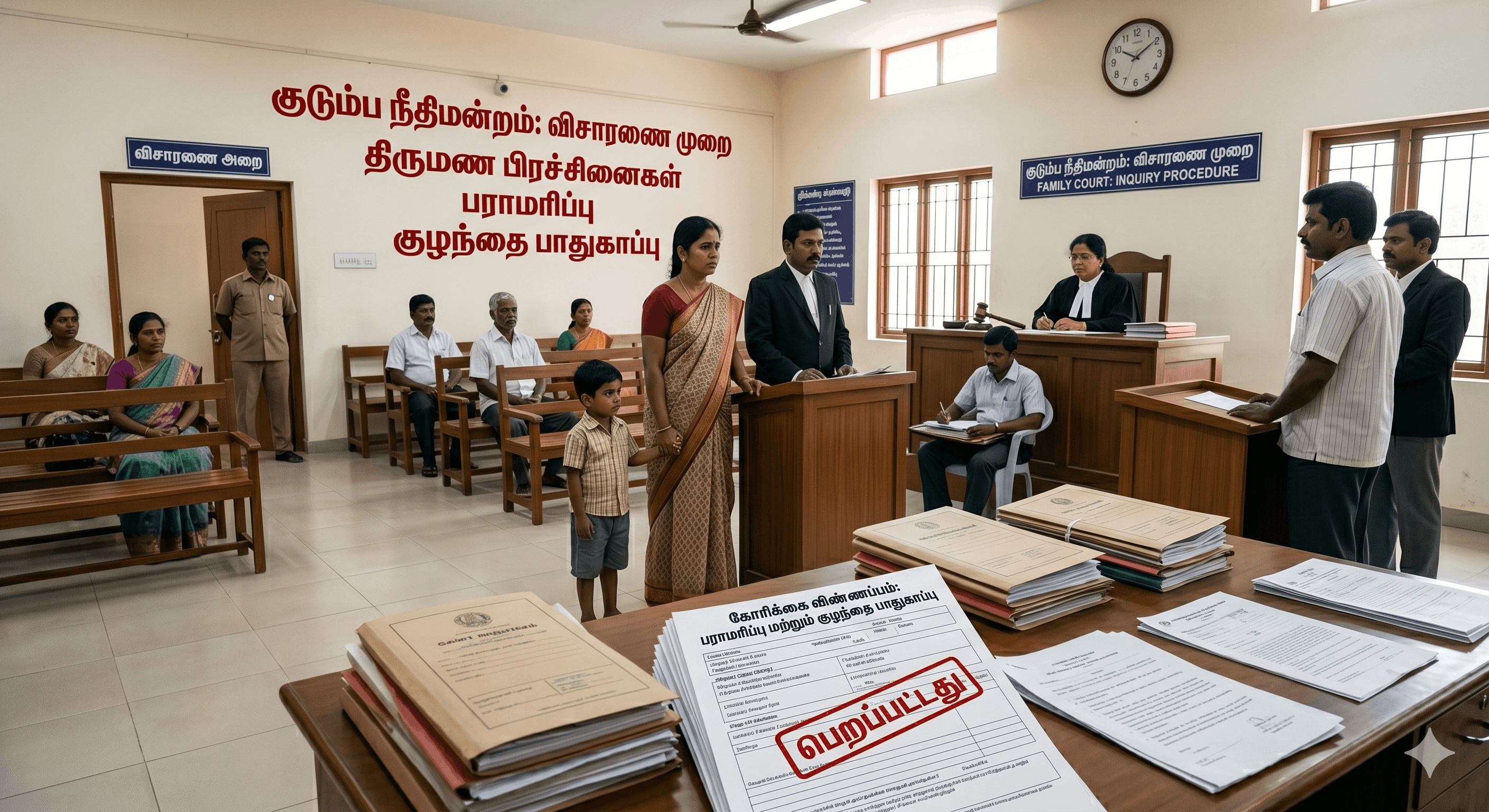 குடும்ப நீதிமன்ற விசாரணை முறை: திருமண பிரச்சினைகள், பராமரிப்பு, மற்றும் குழந்தை பாதுகாப்பு