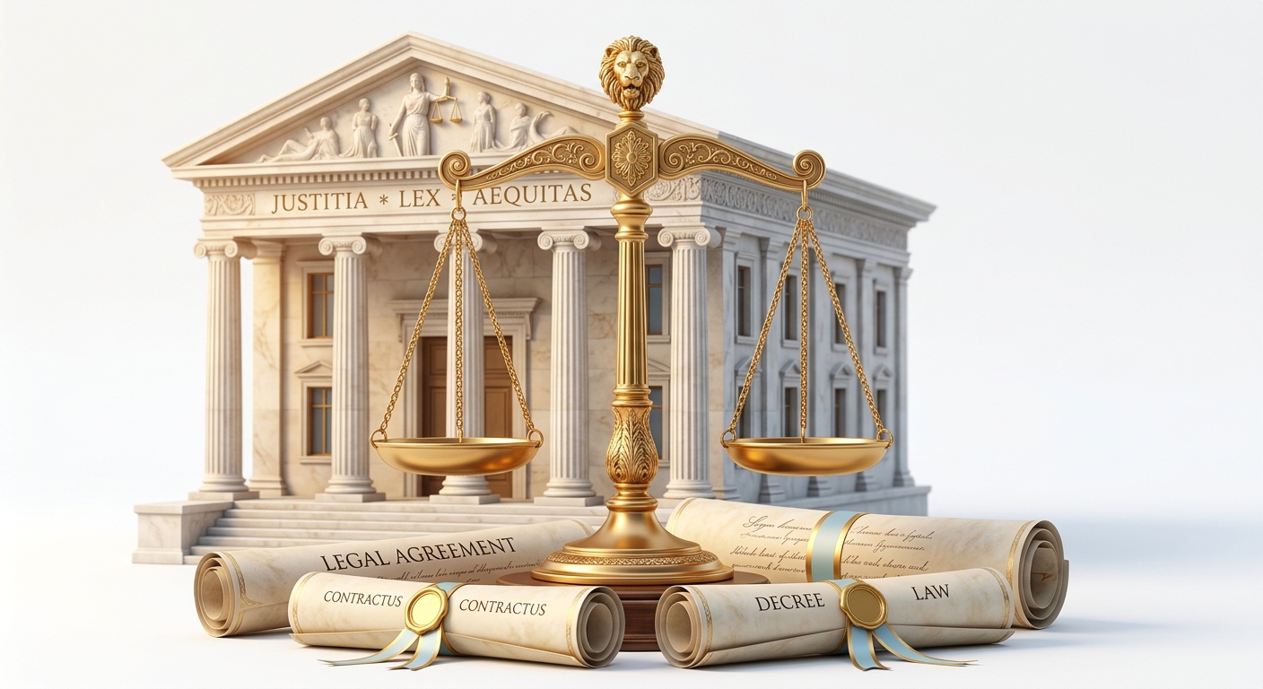 Scales of Justice with Law Temple and Scrolls
